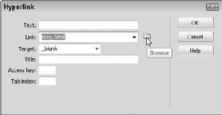 The Hyperlink dialog box includes a number of link settings not available from the Property inspector, including Target options and accessibility settings.