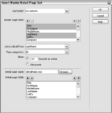 The Insert Master-Detail Page Set dialog box.