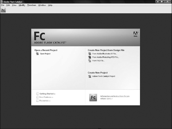 The Start screen in Flash Catalyst provides a quick-launch point to get you started.