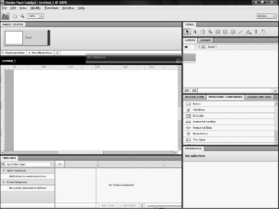 The panels grouped along the right side of the interface include the Tools, Layers and Library, Interactions, Wireframe Components and Design-Time Data, and Properties panels.