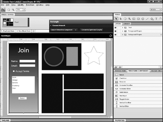 This project has had several wireframe components added to its layout, including text inputs, check boxes, radio buttons, a horizontal slider, a data grid, and a button.