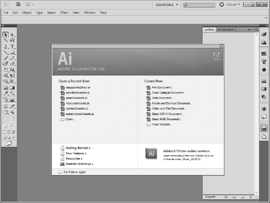 The Start Screen in Illustrator CS5