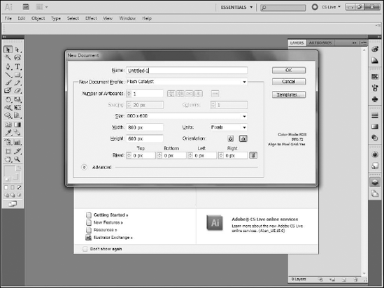 The New Document dialog box for a Flash Catalyst document