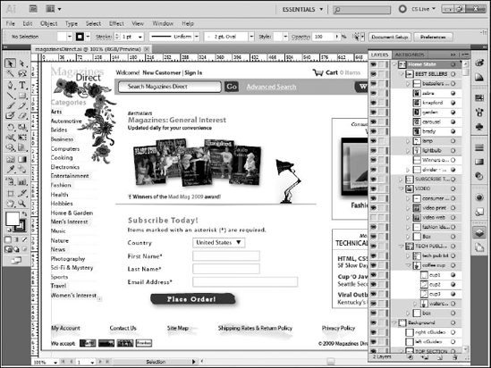 The Layers panel of a complex document, showing many named layers and sublayers