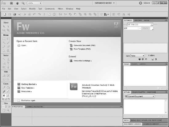 The Fireworks CS5 Start screen