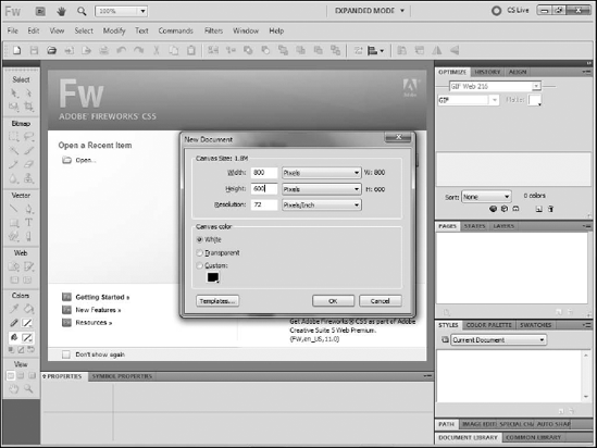 The New Document dialog box in Fireworks