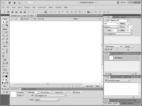 The default panel layout in Fireworks CS5