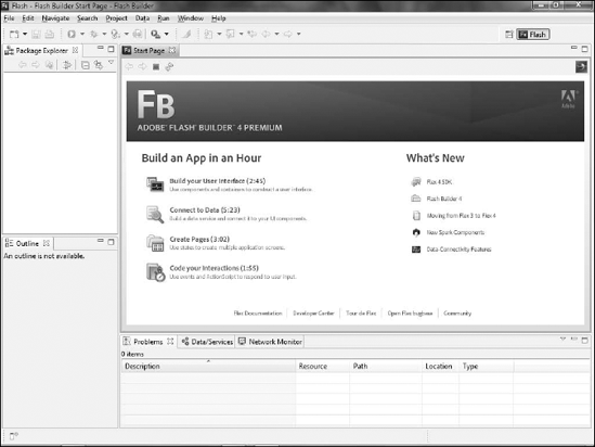 The Flash Builder interface. The Package Explorer and Outline views are visible to the left, while a single editor is open showing a Flex application file.