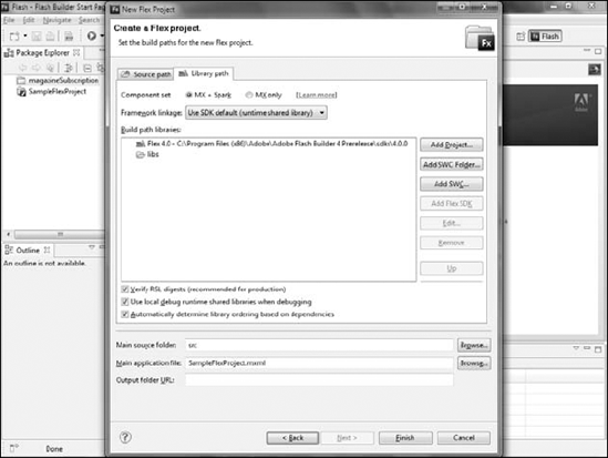 Finalizing the new project setup by setting the source folder and naming the main application file