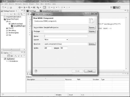 The New MXML Component dialog box in Flash Builder 4