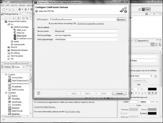 The New Flex Service dialog box for ColdFusion services