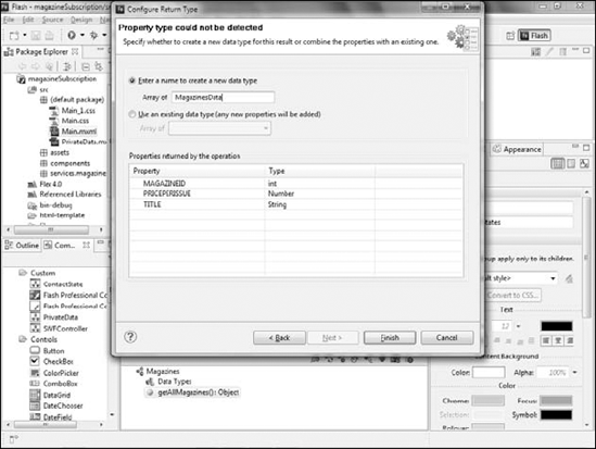 The Configure Return Types dialog with the data type name.