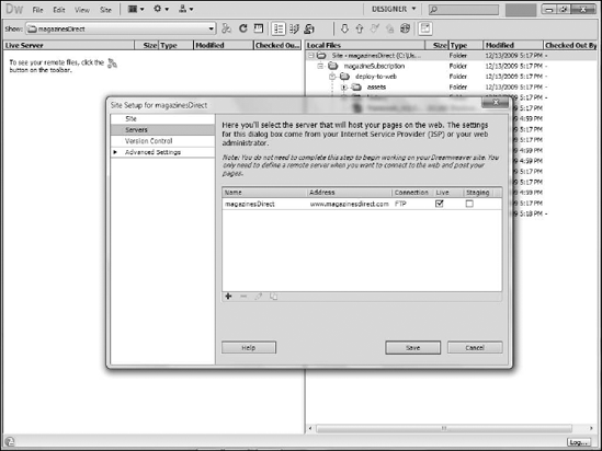 The Server settings dialog box in Adobe Dreamweaver. While the interfaces vary, most other FTP programs have a similar screens asking for similar information.