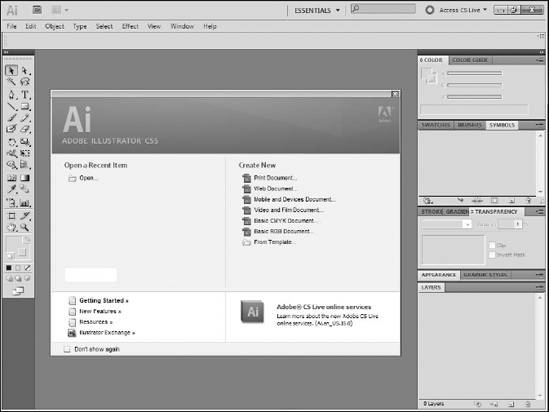 The Illustrator CS5 Start screen