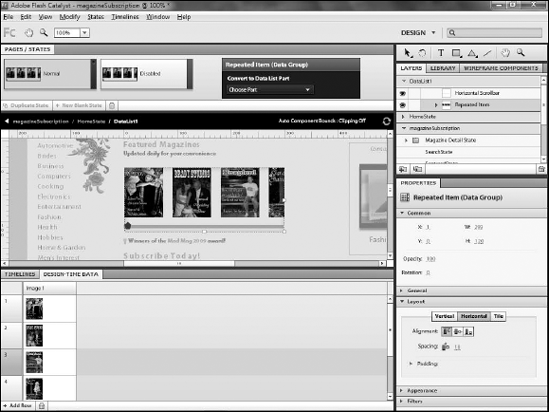 The design-time data panel, showing the different images