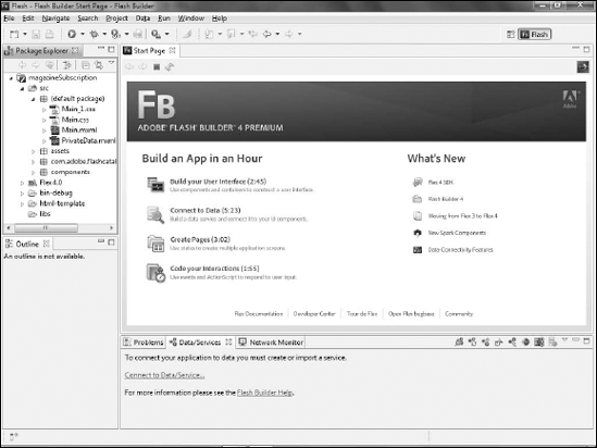 Examining the project's files in the Package Explorer in Flash Builder