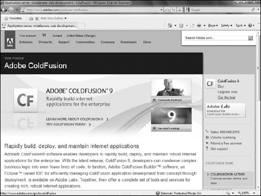 The Adobe ColdFusion home page