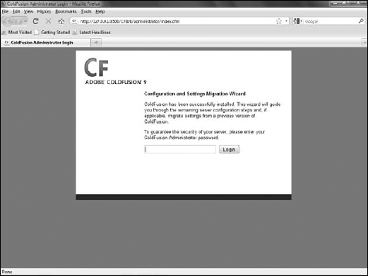 The ColdFusion administrator login screen, which displays when the installation and configuration are complete