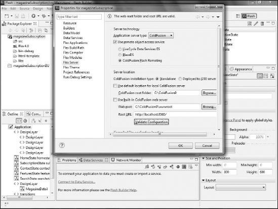 The Flex Server configuration dialog box showing the settings necessary to set up a ColdFusion server resource.