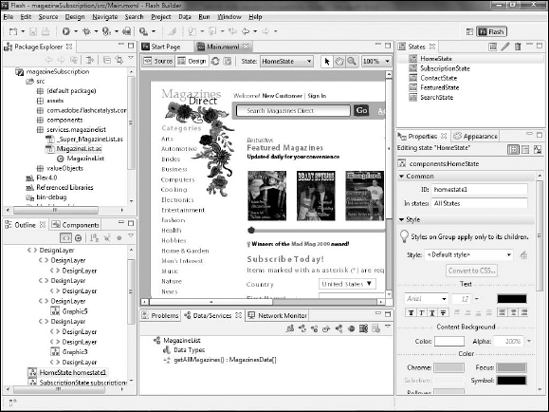 Viewing the main project file's home state in Design mode, with the data list component selected