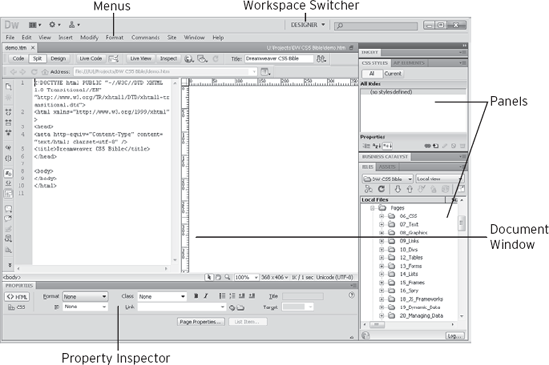 Dreamweaver's Designer workspace places docked panel groups on the right.