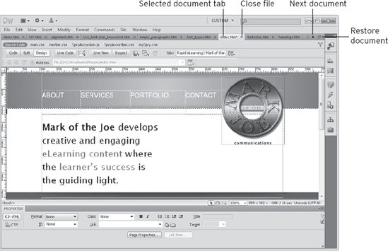 In the Dreamweaver workspace on Windows, use tabs to switch between maximized documents.