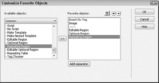 Use the Customize Favorite Objects dialog box to personalize your Insert panel for maximum productivity.