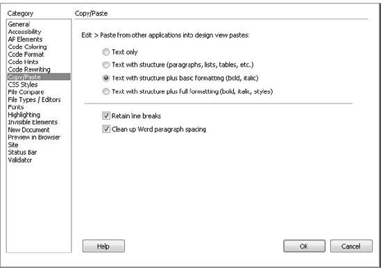The Copy/Paste settings affect any text pasted into Dreamweaver.
