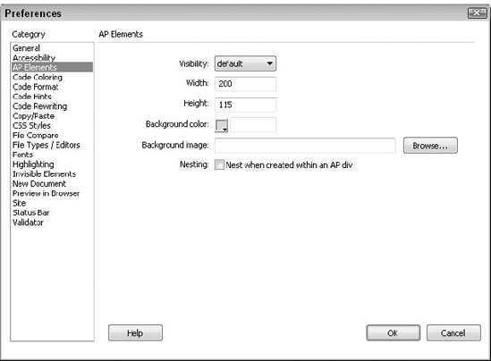 In the AP Elements category of Preferences, you can predetermine the structure of the default Dreamweaver AP element.