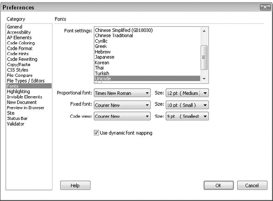 Use the Fonts category to set the font encoding for each Web page and the fonts you use when programming.