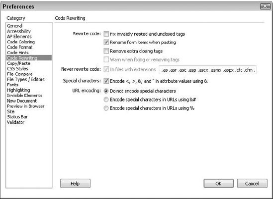 The Code Rewriting category can be used to protect nonstandard HTML from being automatically changed by Dreamweaver.
