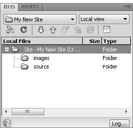 Previously created folders — as well as files, if any — in the chosen local site folder appear in the Files panel after the site is set up.