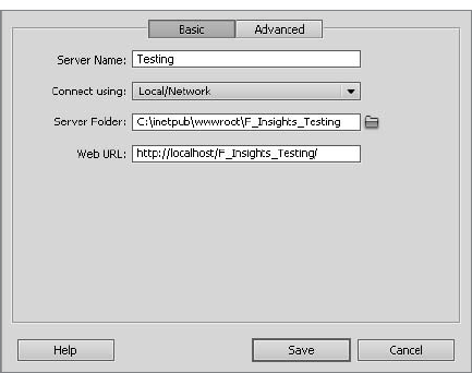 The only info you'll need to create a local testing server is a folder location and an optional Web URL on the Basic tab; be sure to click the Advanced tab and select your server model.