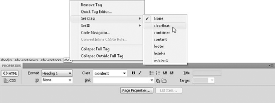 Dreamweaver collects all the classes available to the current document, whether from embedded styles or from external style sheets, and displays them alphabetically — and graphically — in the Tag Selector's Set Class list.