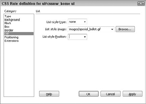 Use the CSS List category to specify a graphic to use as a bullet.