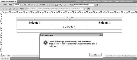 Dreamweaver enables you to cut or copy selected cells only when they form a rectangle.