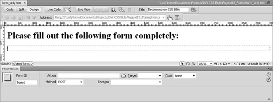 Inserting a form creates a dashed, red outline of the form and, if the Property inspector is open, displays the Form Property inspector with form specific properties.