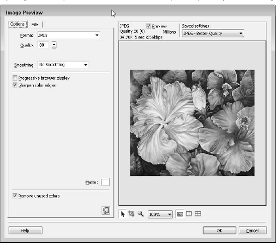 Opening a Photoshop file in Dreamweaver automatically allows you to optimize the image for the Web.