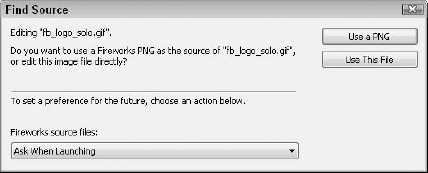 Set the Find Source dialog box in Fireworks to use the source graphics image (PNG) or the exported image (GIF, JPEG, or PNG), or to prompt for each optimization.