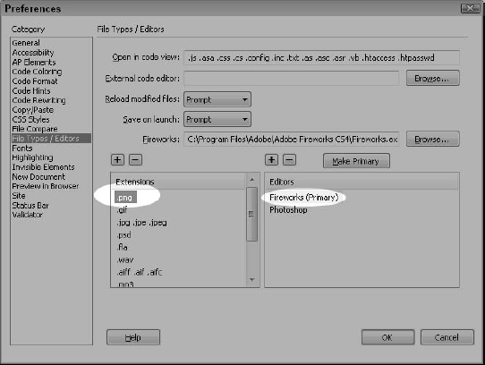 Define Fireworks as your external editor for GIF, JPEG, and PNG files to enable the back-and-forth interaction between Dreamweaver and Fireworks.