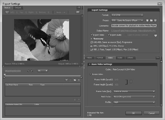 Open the Adobe Media Encoder CS5 settings to choose the optimal delivery quality for your Flash video.