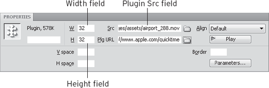 When inserting a QuickTime movie, specify the properties and values in the Plugin Property inspector.