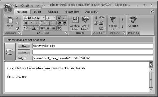 Dreamweaver lets you contact the team member working on a file with the e-mail address feature. The subject line is automatically added to reference a particular file and site.