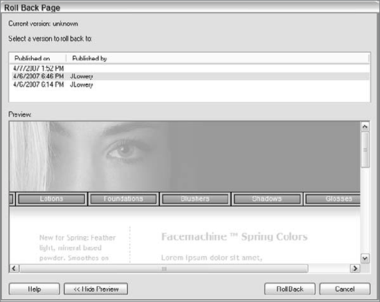 Roll back any page in a Contribute-enabled site right from within Dreamweaver.