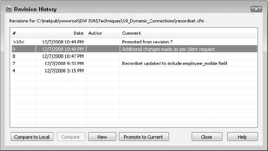 Compare any version to your local version or promote it to the current version through the Revision History dialog.