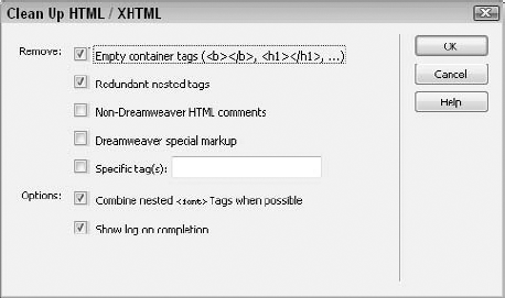 Reduce your page's file size and make your HTML more readable with the Clean Up HTML/XHTML command.