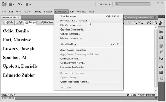 After the steps for changing the order of the first line are recorded, re-ordering the other lines is a one-step process with Dreamweaver's command recorder.