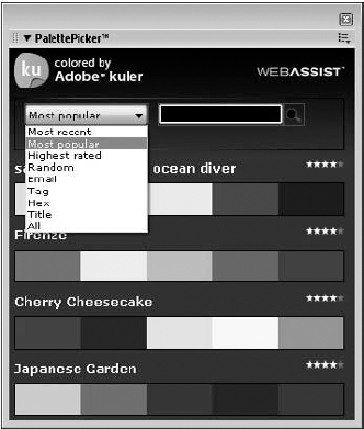 The custom floater, PalettePicker by WebAssist, displays color themes created for Adobe Kuler.