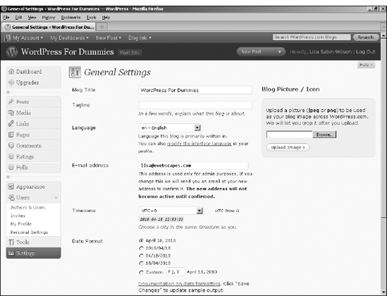 The General Settings page in the WordPress Dashboard.