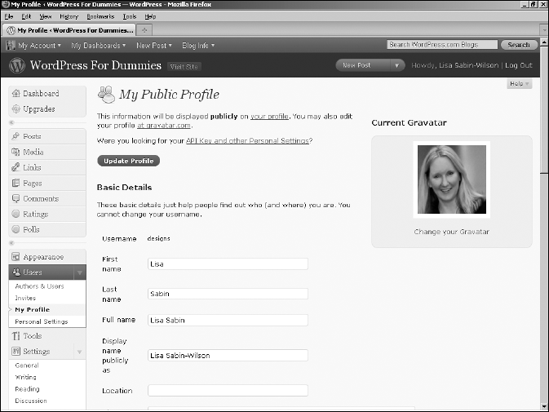 The My Profile page in the Dashboard where you update your personal options.